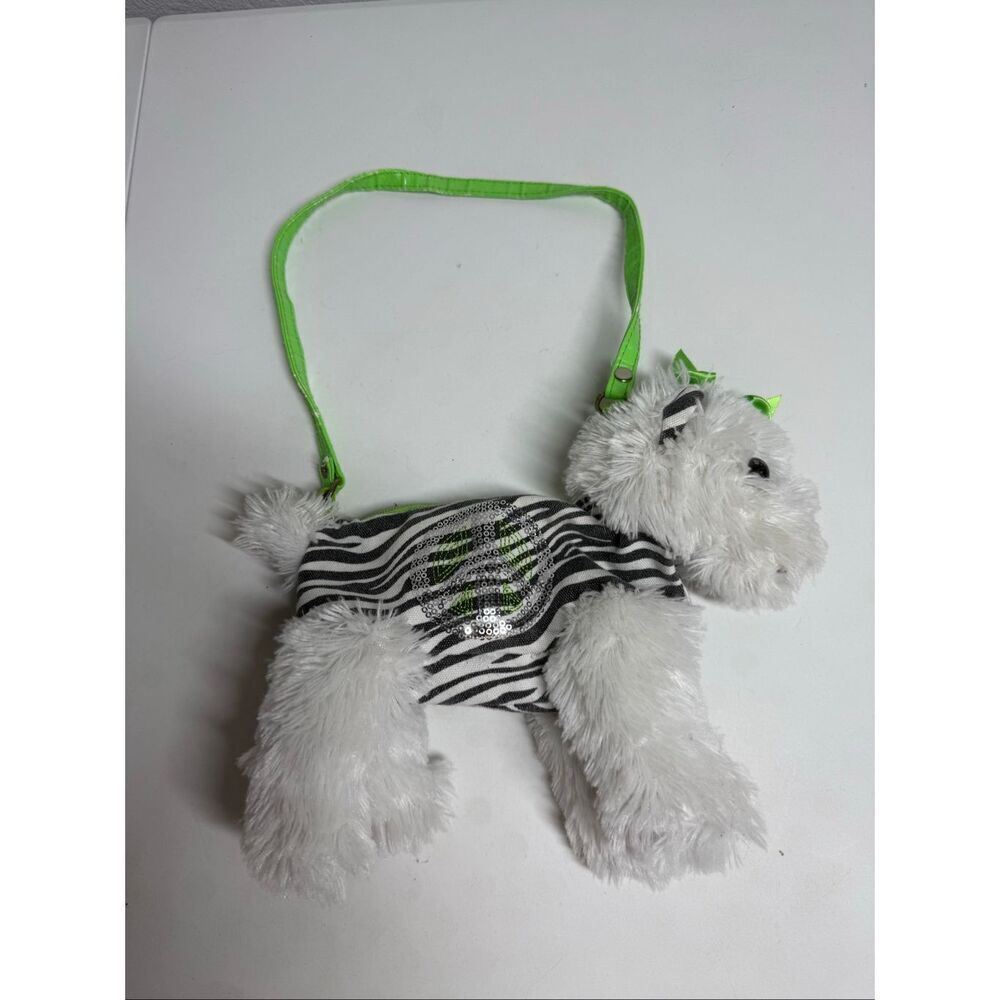 Girls Retro Hippie Dog Peace Sign White Fuzzy Dog Purse Zebra Stripe Retro Decor